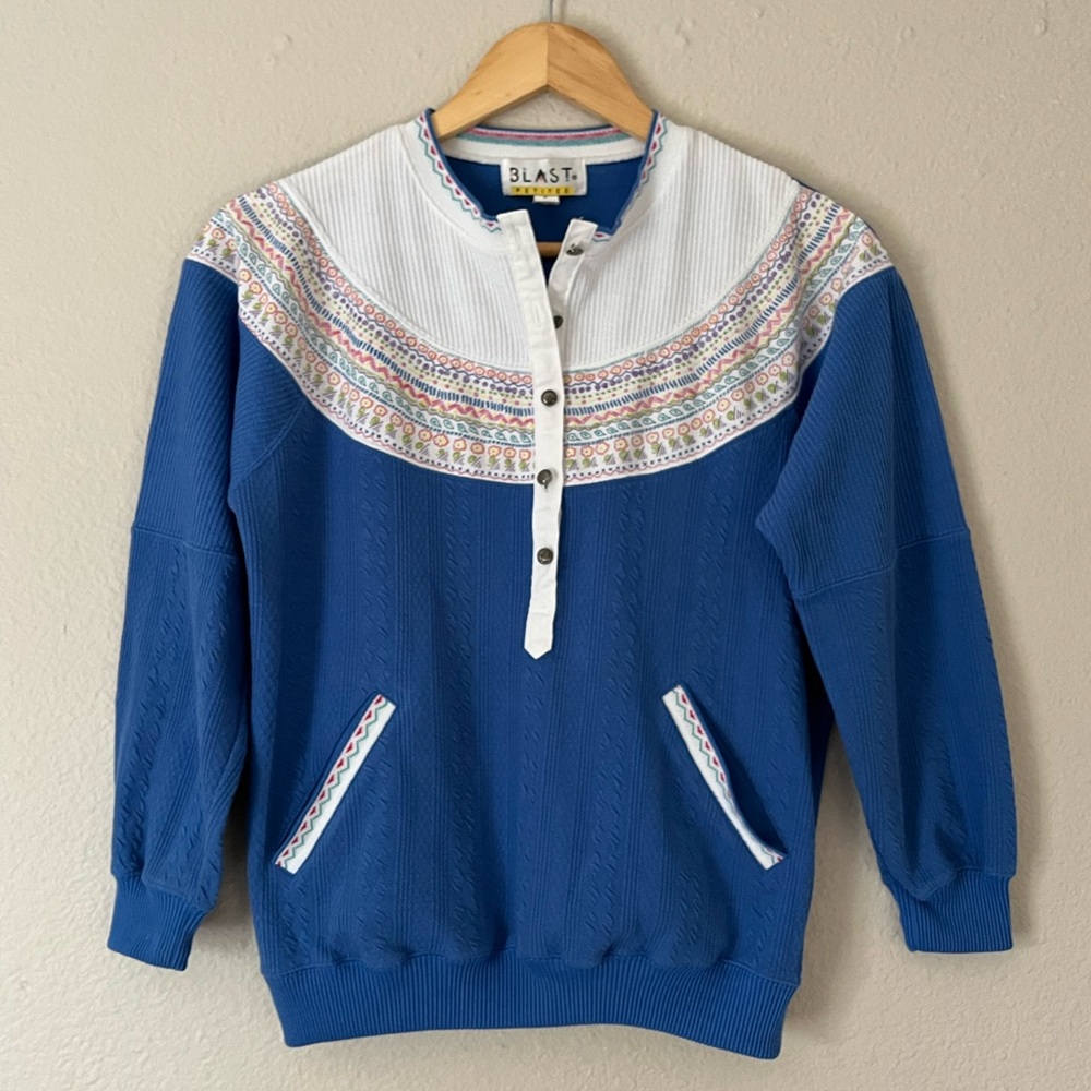 Vintage Cable Knit 1/4 Button Pullover Sweater Floral Silver Button Front Pocket